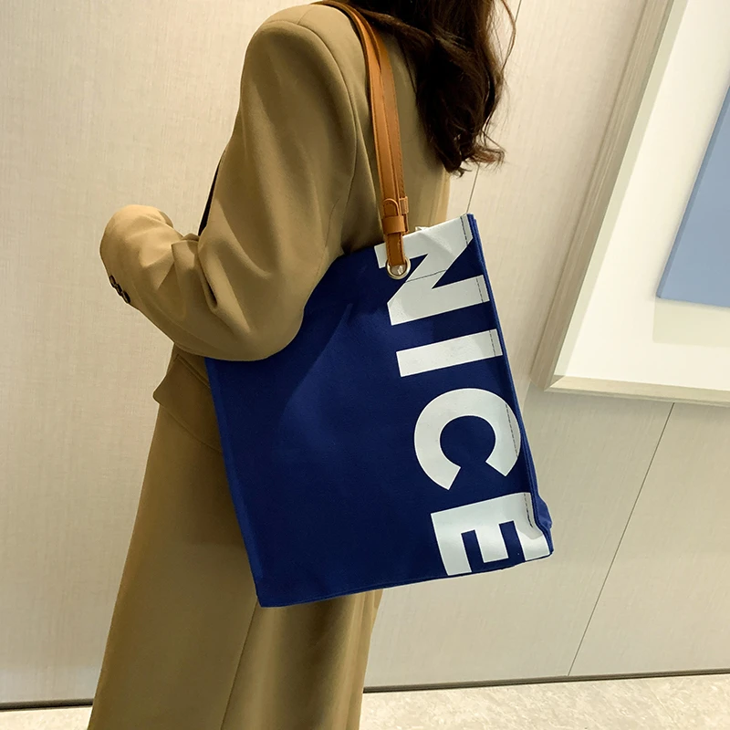 

Book Canvas Women's Bag Blue Shoulder Bags PU Leather Strap Tote Bag Letter Print Shopper Eco Bag Korean College Handbags Y2K