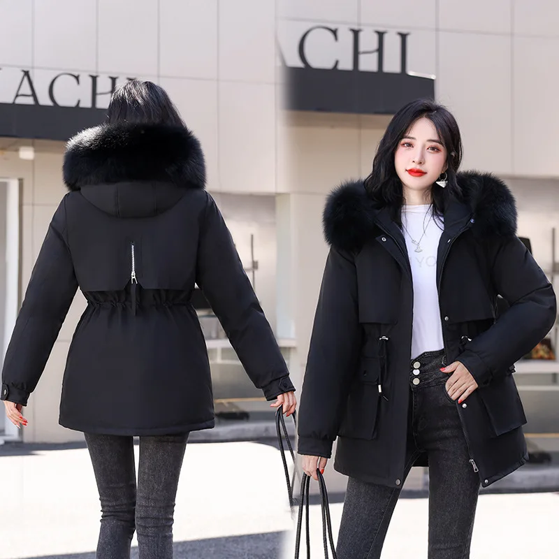 Autumn Winter New Women Hooded Parka Down Jacket Long Over The Knee Plus Velvet Warm Fur Collar Solid Color Large Size Coats