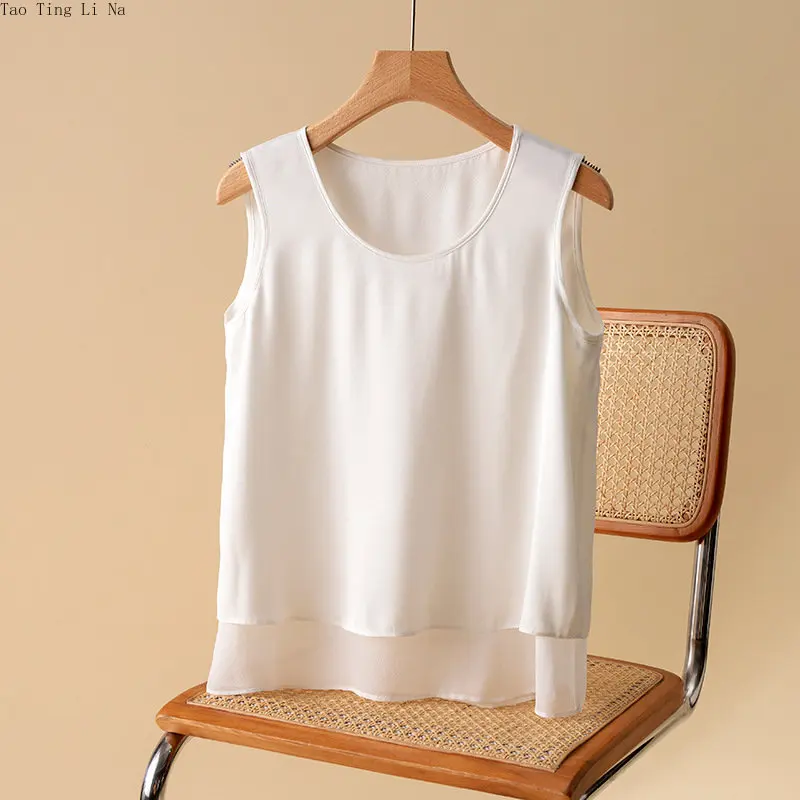 Женский новый двухслойный жилет из натурального шелка на подтяжках O7