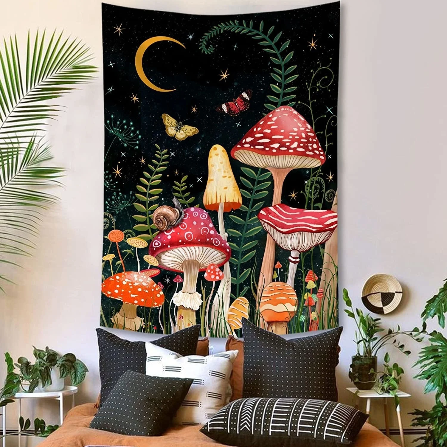 

Mushroom Moon Star Tapestry Bohemian Floral Plants Upright Aesthetic Wall Hanging Tapestries For Bedroom Black Carpet Boho Decor