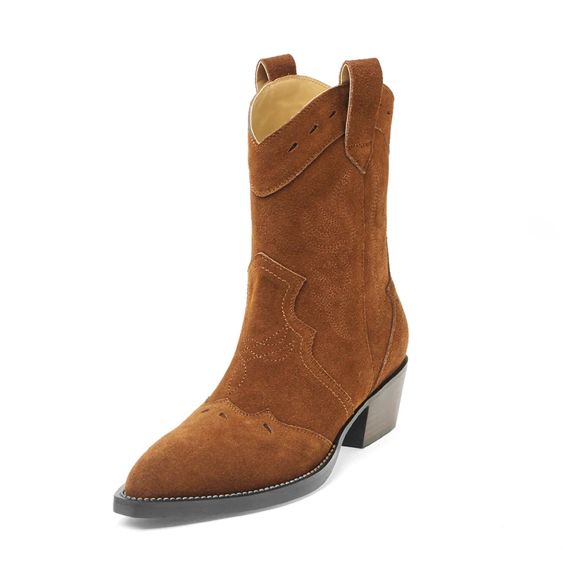 

Cow Suede Women Ankle Boots New 2023 Autumn Winter Female Chunky Heels Shoes Black Brown Slip-On Western Boots