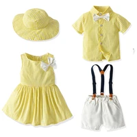 brother and sister baby matching clothing outfits costume boy gentleman suspender shirt shorts girl princess plaid hat dress