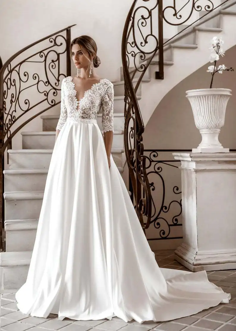 

VENSANAC Deep V Neck Lace Appliques A Line Wedding Dress Illusion 3/4 Sleeve Sash Sweep Train Bridal Gowns