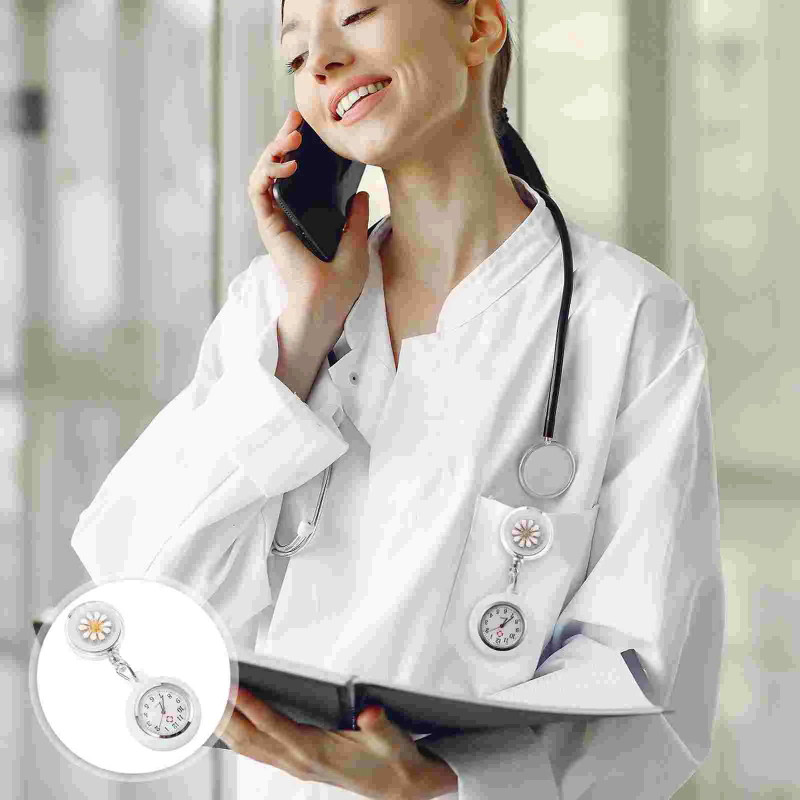 

Retractable Nurse Clip Watch Timer: Clip on Watch White Flower Pocket Watch Pocket Keychain Watch Nurse Lapel Pin Watch Hanging