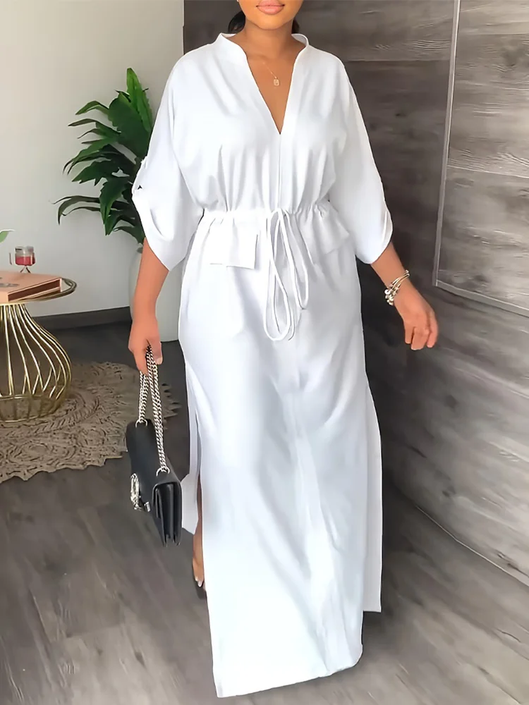 

2023 Summer Dresses for Women Roll Up Sleeve Drawstring Waist Split Hem Maxi Dress Vestidos De Mujer Casual Robe Female