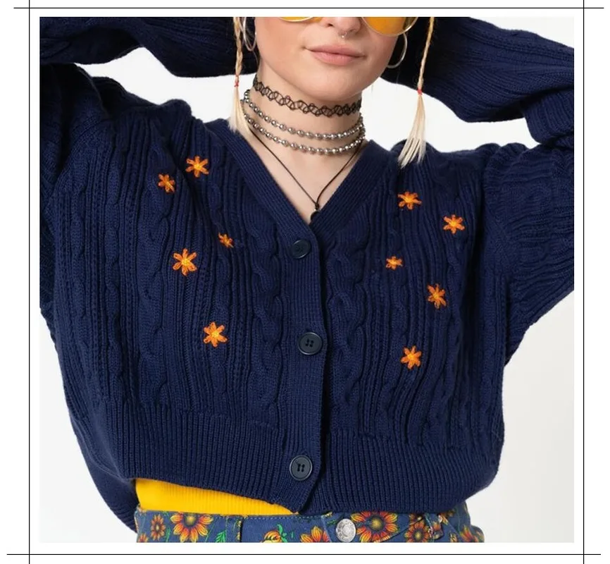 

Ladies Cardigan Embroidered Autumn/Winter Floral Knitted Sweater V-neck Long Sleeve Button Blue Solid Color Clothes 2022