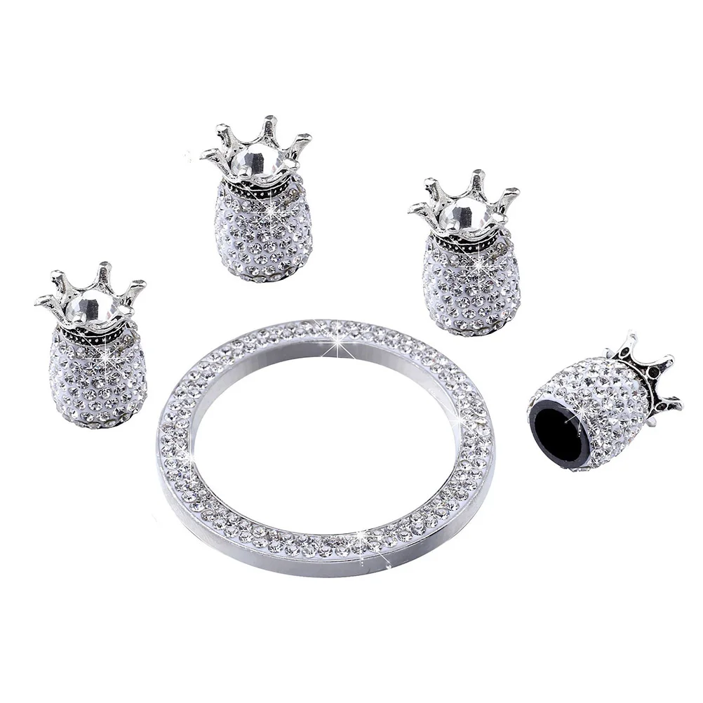 

5Pcs Stem Caps Rhinestone Tire Caps Ignition Button Ring Sticker Bling Car Accessories for Auto Car Ornament ( White )