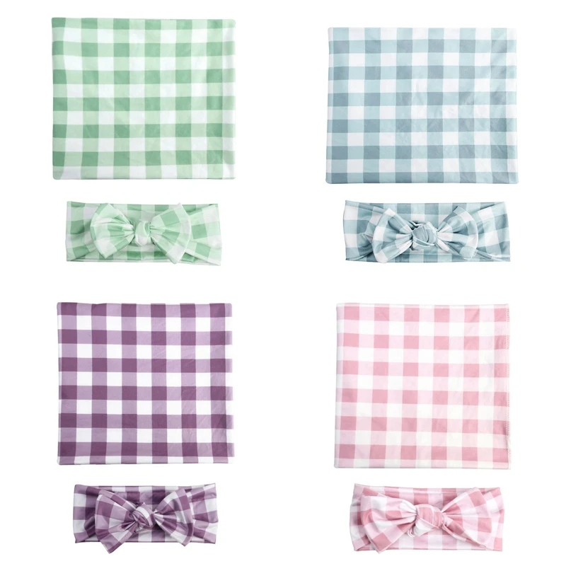 

Infant Photography Props Plaid Swaddle Wrap Headwrap Photoshoot Basket Filler Cushion for Baby Shower Month Celebration