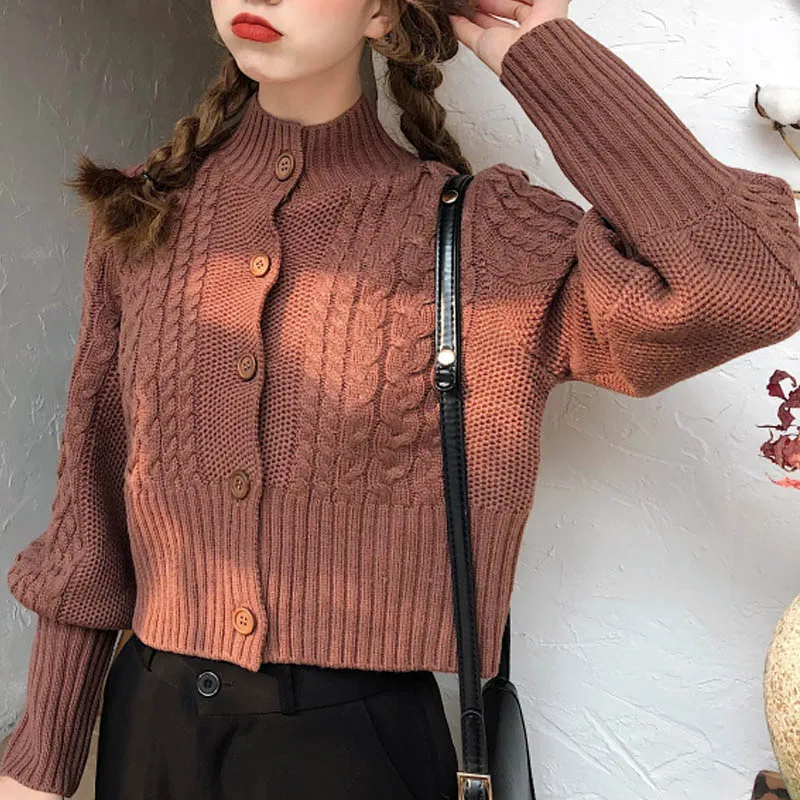 

2021 Women Tops Autumn Vintage Knitted Puff Sleeve Short Slim Turtleneck Korean Fashion Single Breasted Cardigan Cropped Sweater