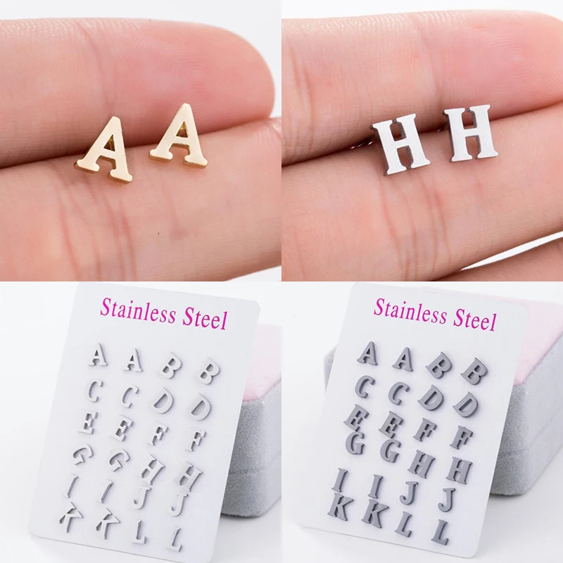 Small Stainless Steel A-Z Initial Letter Stud Earrings for Women Girls Birthday Gift 26 Alphabet Name Earings Piercing Jewelry