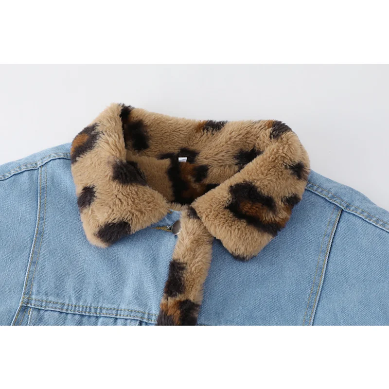 Women's Lamb Wool Denim Jackets Winter Long Sleeves Streetwear Chic Design Leopard Print Fashion Casual Baggy Jean Jackets Coat