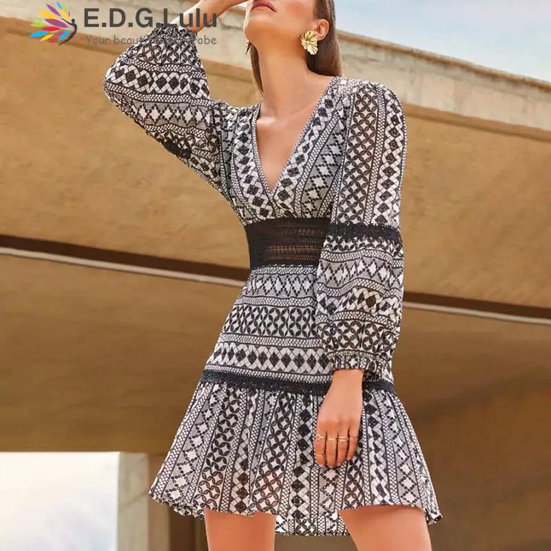 

EDGLuLu Vestidos Elegantes Para Mujer Deep V-neck Long Sleeve Print Dress Fashion Designed Waist Mini Ruffle Dress Vacation 1201