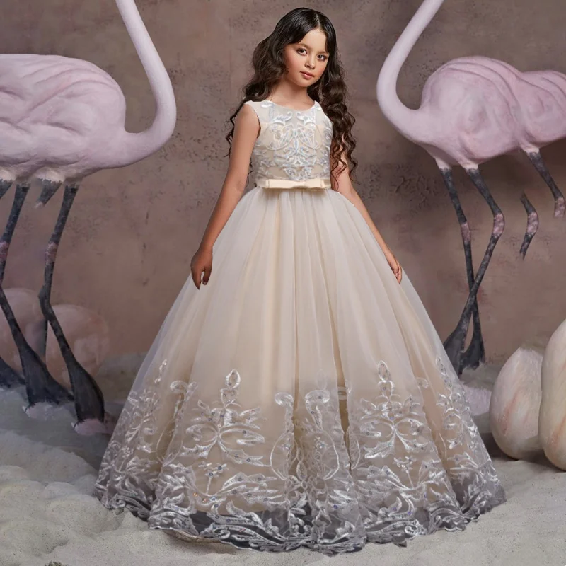 

Puffy Tulle Lace Flower Girl Dress Christmas Costume Bride Bow Gown Princess Dress for Girls Wedding Party First Communion Dress