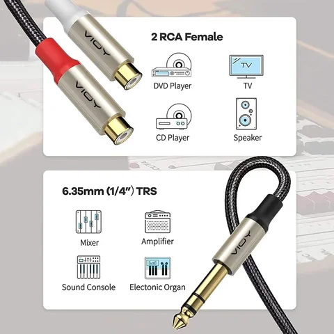 Кабель 6,35–2RCA, 1/4 дюйма, штекер TRS–2RCA, гнездовой разветвитель, стерео аудиокабель-адаптер для усилителя, микшера, динамика, ТВ, DVD-плеер
