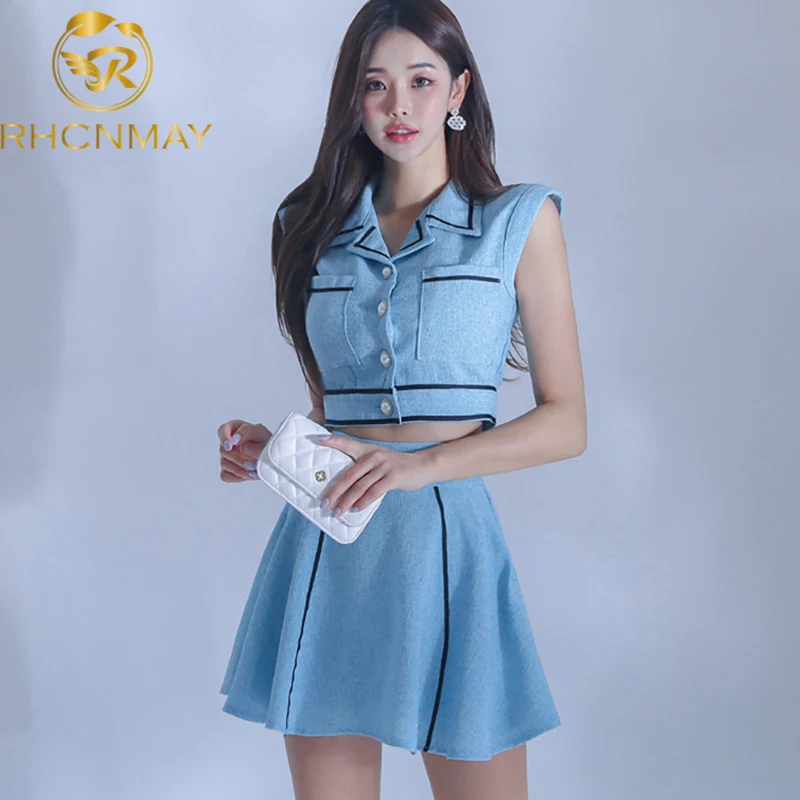 

Elegant Summer Tweed Two Piece Set Women Korean Fashion Patchwork Party Mini Skirt Suit Female Sleeveless Pleated Skirt Set