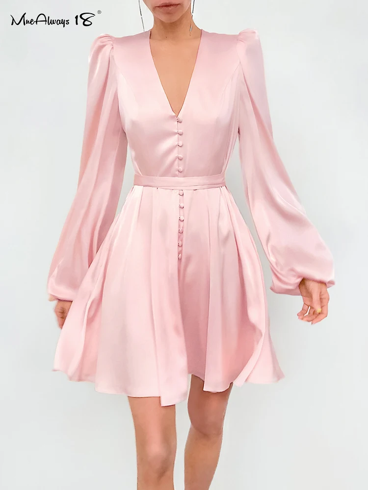 

Mnealways18 мини Плиссированное атласное платье с рукавами-фонариками на шнуровке женские летние розовые платья 2022 милое однобортное ТРАПЕЦИЕВ...