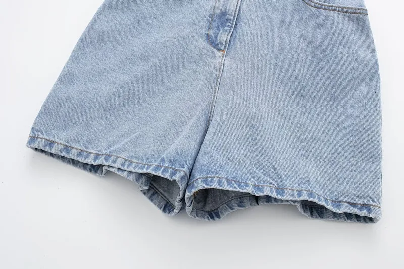 Women's Short-Sleeved Single-Breasted Casual Jumpsuit European American 2023 Summer Retro All-Match Waist Denim One-Piece Shorts
