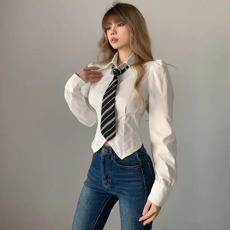 QWEEK Sexy Women Blouses Harajuku Preppy Style Korean Fashion Tunics Sweet Soft Girl Long Sleeve Tops White Shirt Slim Tie Trend