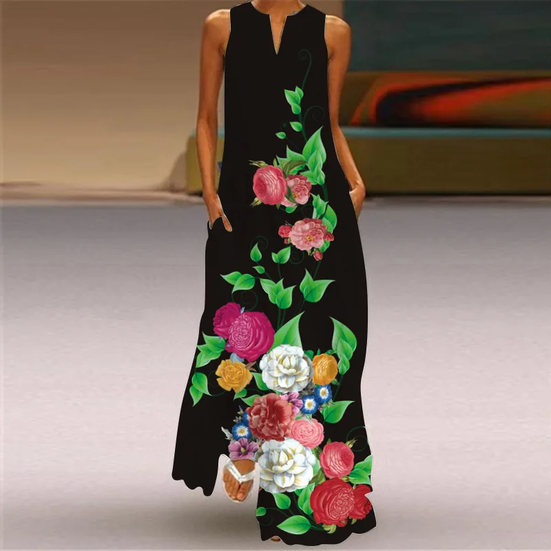

Black Sleeveless Elegant Floral Maxi Dresses Women 2022 Summer Sexy V Neck Long Dress Woman Casual Beach Boho Dress Robe Femme