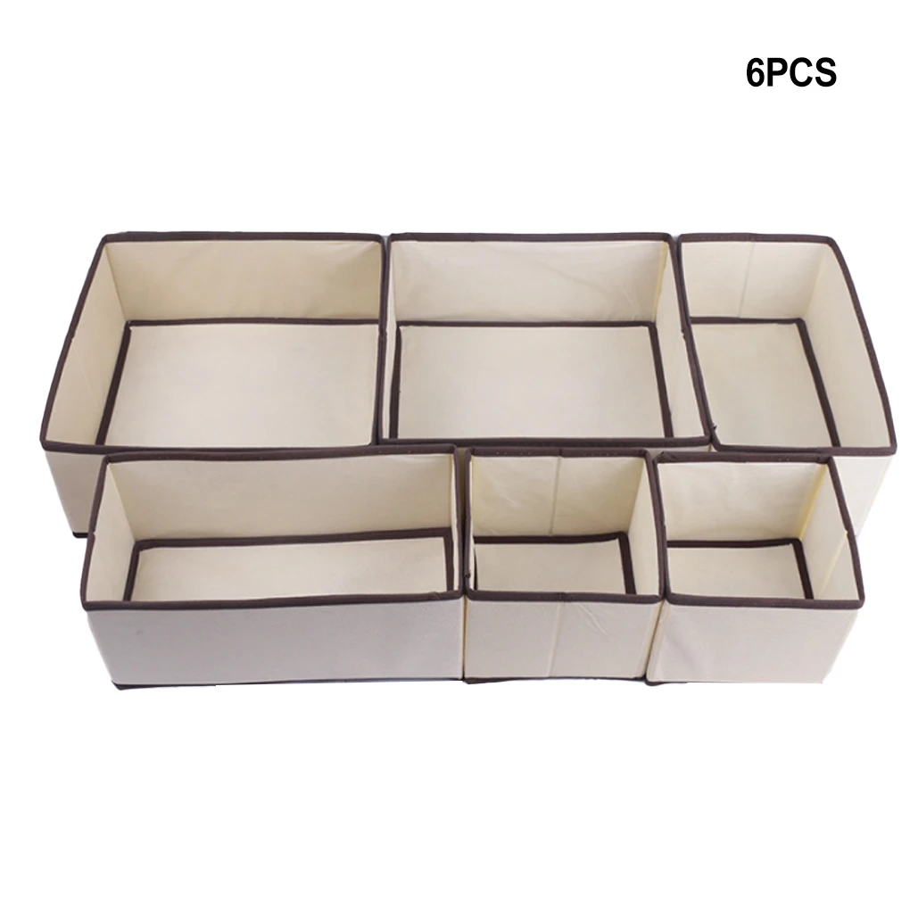 

6Pcs Case Container Multi-size Fabric Basket Holder Beige Drawer Wardrobe Organizers Underwear Scarfs Tie Socks Bra Home
