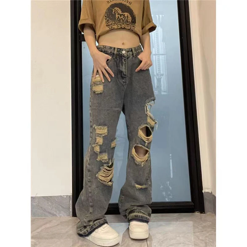 American High Street Tide Ins National Tide Loose Wide Leg pants Harajuku  Ripped High Street Baggy Jeans Female