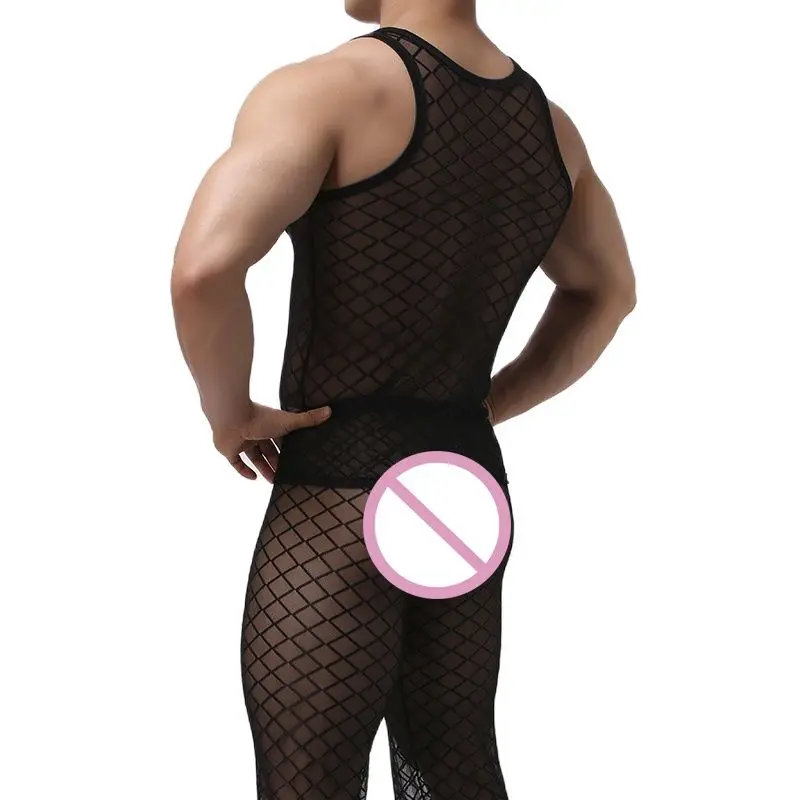 CLEVER-MENMODE Fishnet Pajamas Sets Men Sexy Tranparent Tank Tops Pants Trousers Mesh Vest Bottoms Sleepwear Nightwear