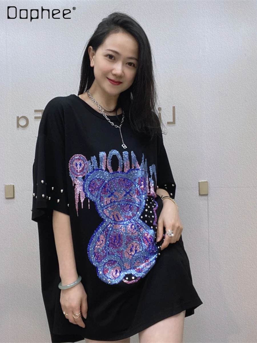 

Summer New Round Neck Pullover Short Sleeve Oversized Top Women's Thin Rhinestone Contrast Color See-through Stitching Loose Tee