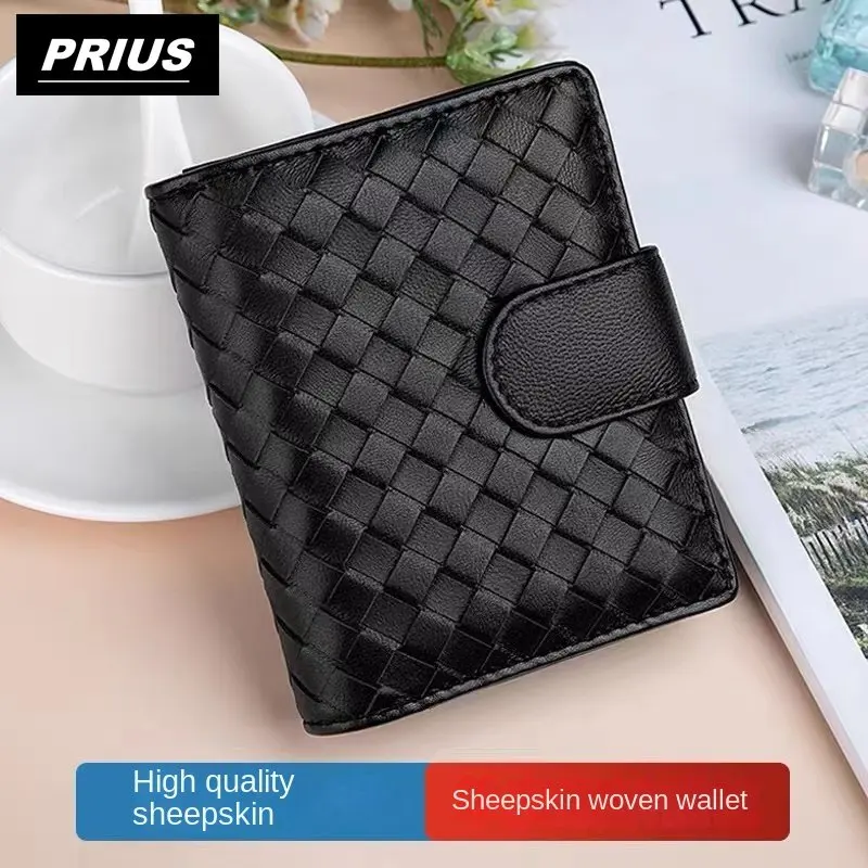 

Full leather luxury women's purse inside and outside Sheepskin woven short wallet multi-functional vertical short clip bag