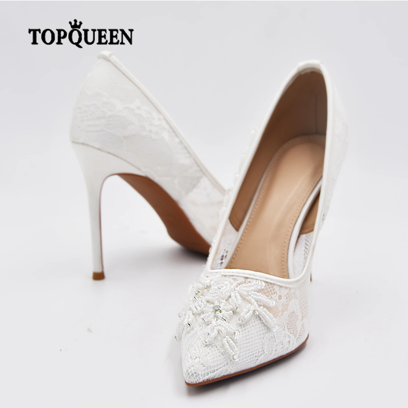 TOPQUEEN Wedding Shoes Bride Woman Shoes New Arrivals 2022 White Lace Bead Elegant Wedding Heels Ladies Wedding Shoes A04