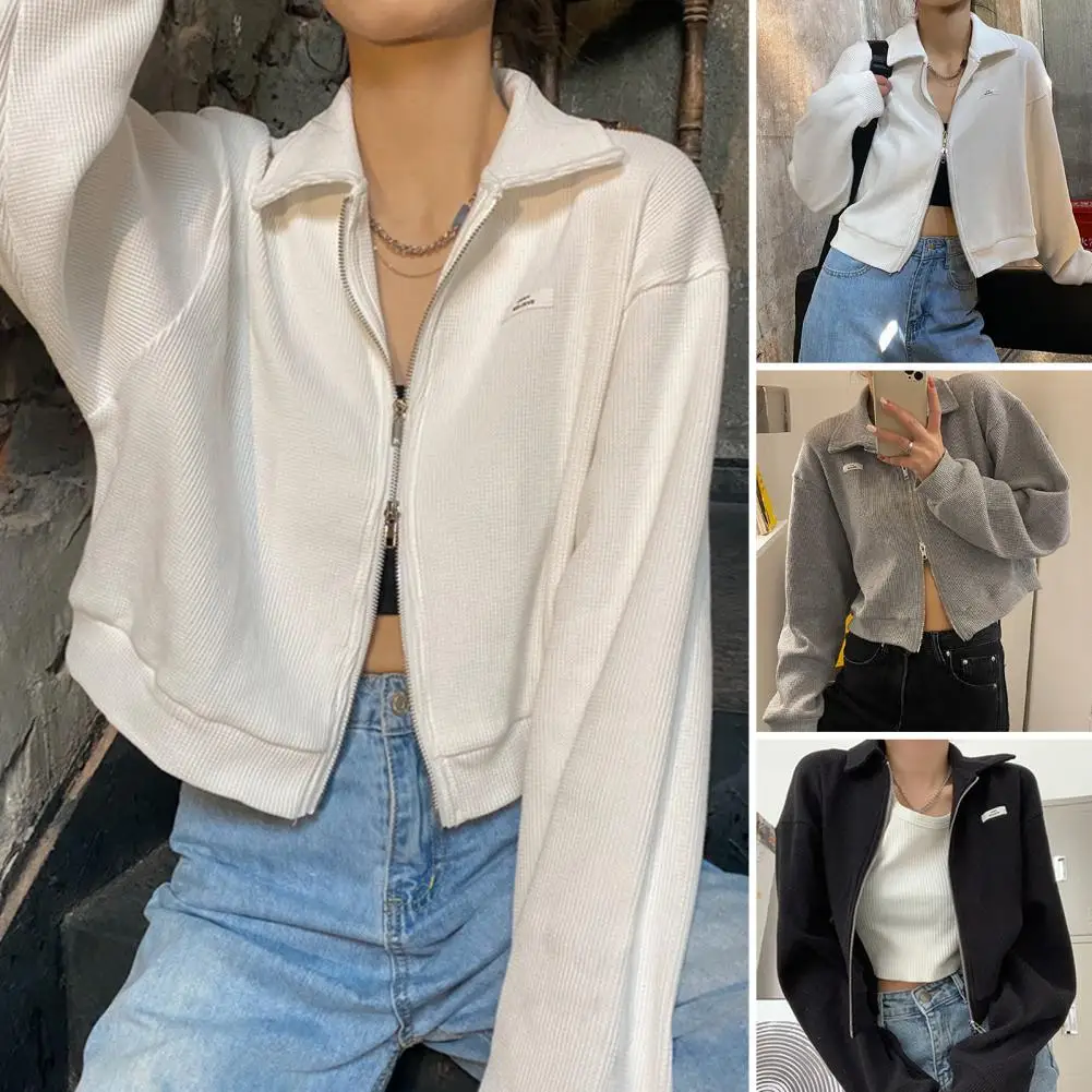 

Lapel Long Sleeves Zipper Closure Ribbed Jacket Women Short Coat Spring Autumn Thin Solid Color Female Short Cardigan Outerwear