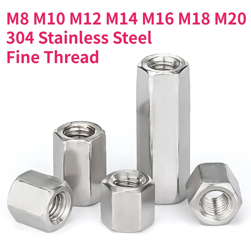 

M8 - M20 304 A2 Нержавеющая сталь, тонкая резьба, шестигранник, удлинение, длинный удлиненный стержень, соединительная муфта, трубчатая муфтовая гайка