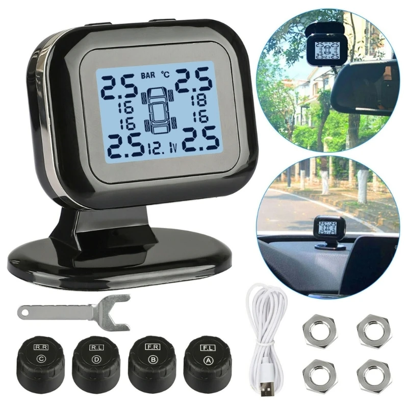 

Car TPMS Alarm Wireless Tire Pressure Monitoring System with 2 External Sensors AOS