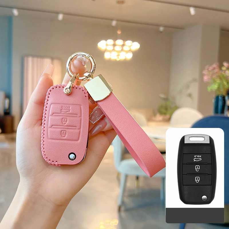 

Genuine Leather Pink Car Key Case Cover Fob Shell for KIA Sid Rio Soul Sportage Ceed Sorento Cerato K2 K3 K4 K5 Keychain