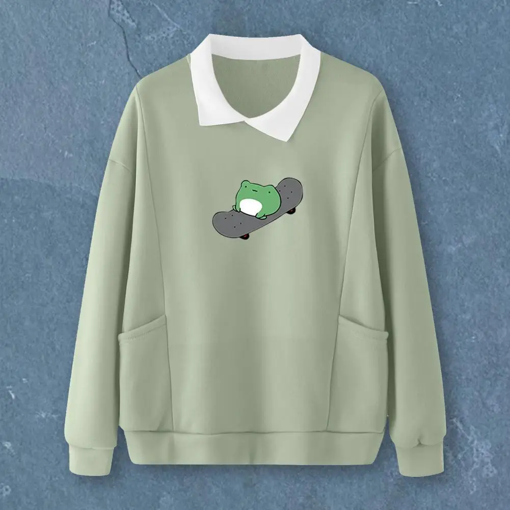 

Loose Cute Firm Stitching Cartoon Autumn Sweatshirt Elastic Cuff Autumn Blouse Frog Print for Daily Wear