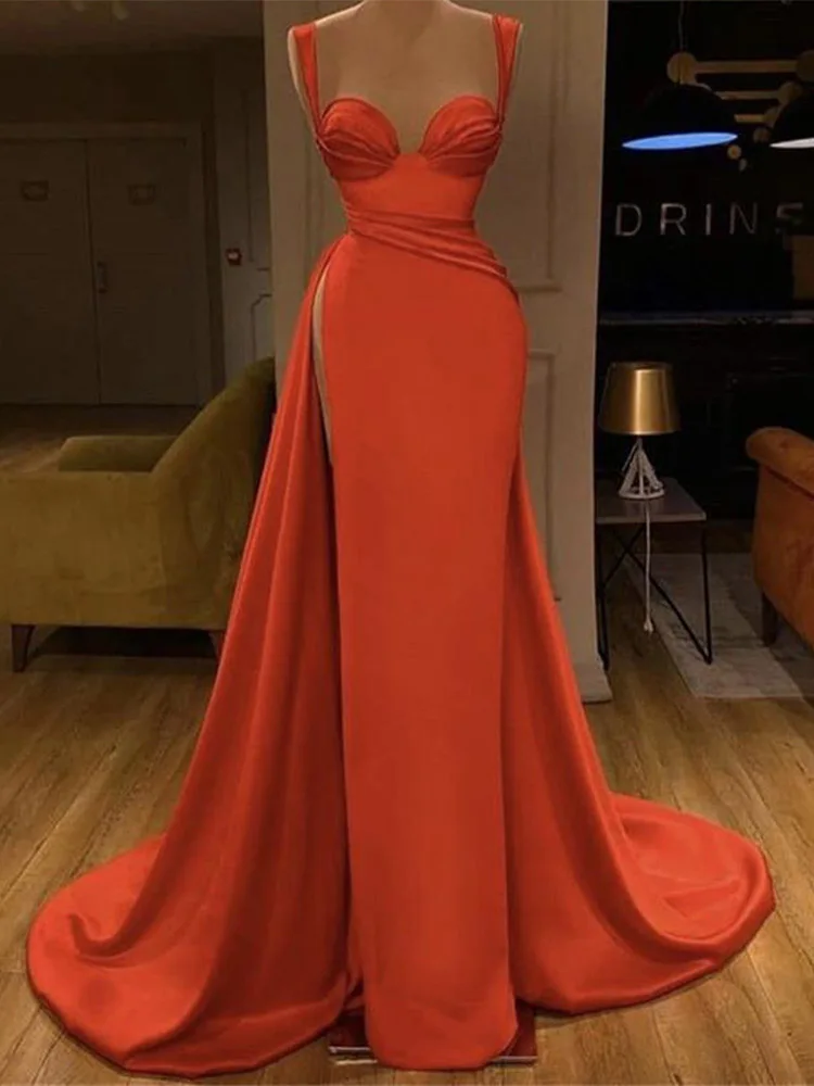 

2022 Sexy Orange Mermaid Prom Dress Sweetheart Spaghetti Strap High Split With Train Gown Dresses Evening Dress Robe De Soirée