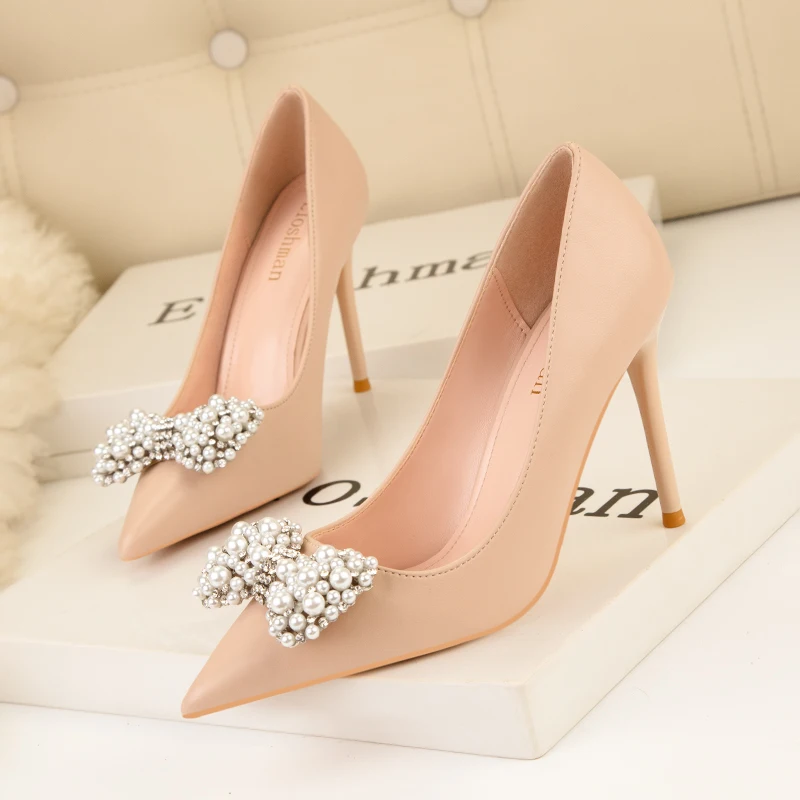2022 Wedding Shoes Women Elegant Pointed Toe Pearl Bowknot Pumps Pu Shallow Fashion High Heels Shoes Party Office Shoes Woman