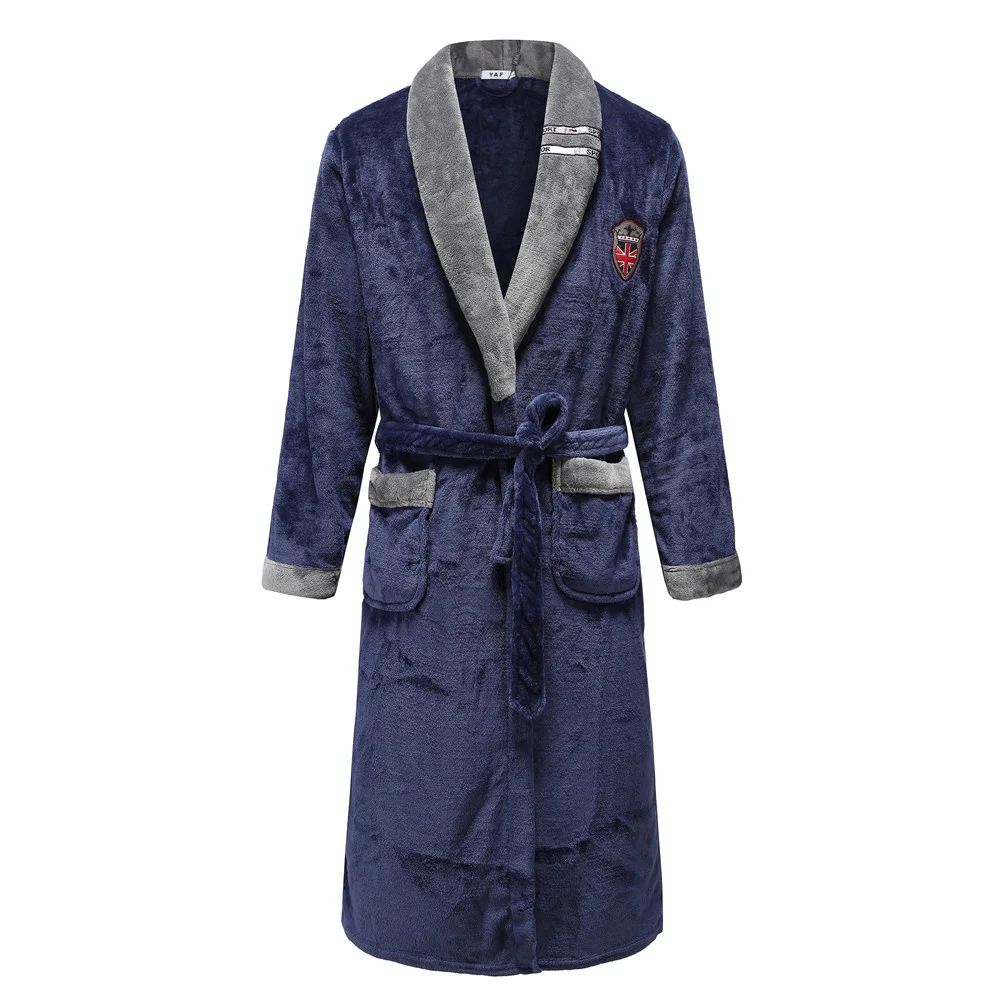 

Autumn Winter Nitdress Blue Men Casual Coral Fleece Sleepwear Warm Couple ome Wear Flannel Belt Pyjamas Kimono Batrobe own