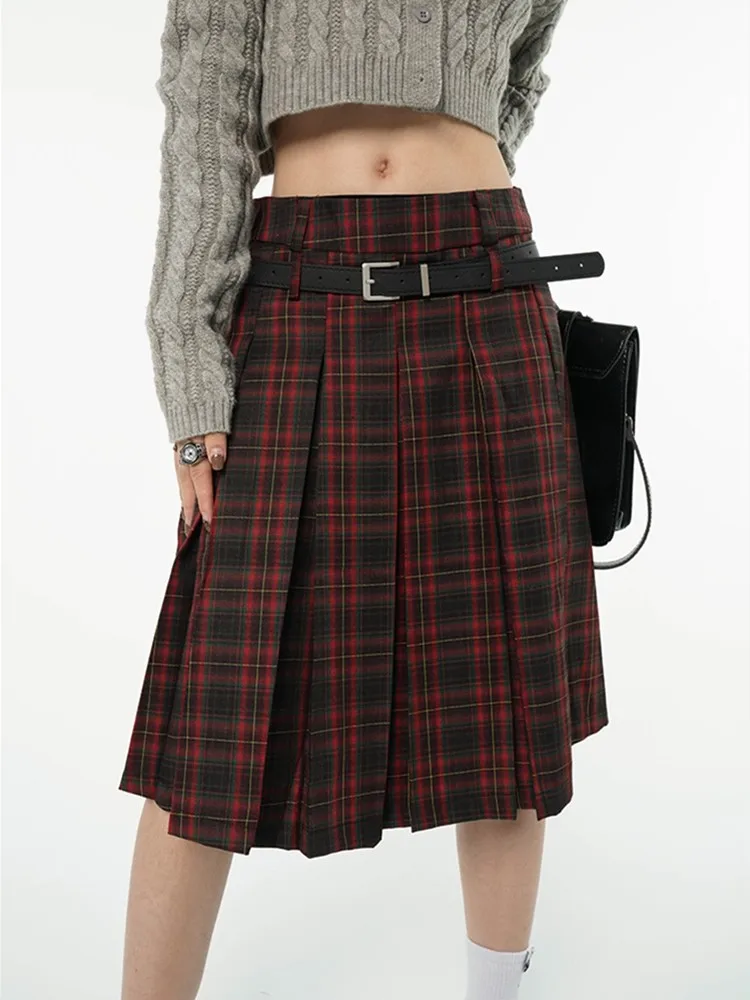 

ZHISILAO New Red Plaid A-line Skirt For Women Vintage Lattice High Waist Pleated Skirts with Belt School Style Autumn Spring