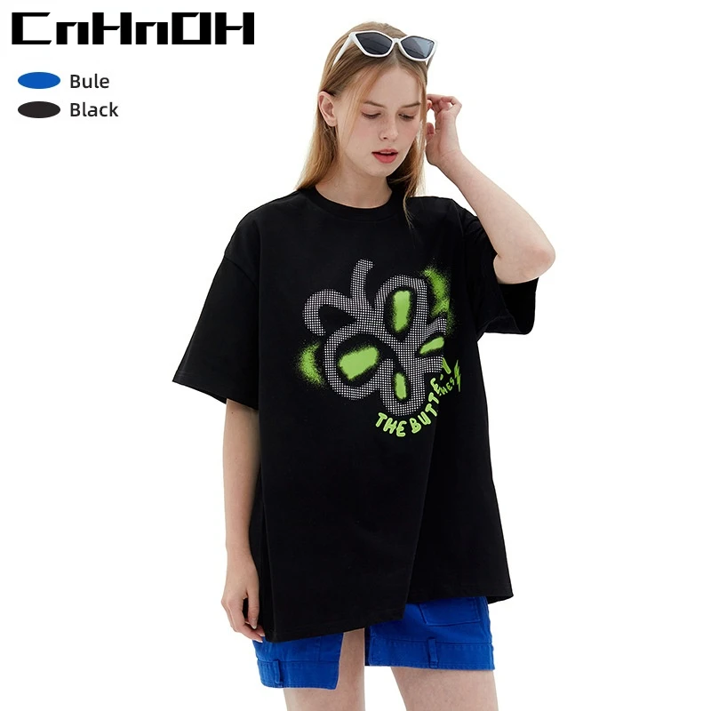 CnHnOH Klein Blue Butterfly Print Trend Niche All-match Tee Women's 2022 Spring and Summer Couple Short-sleeved Shirt