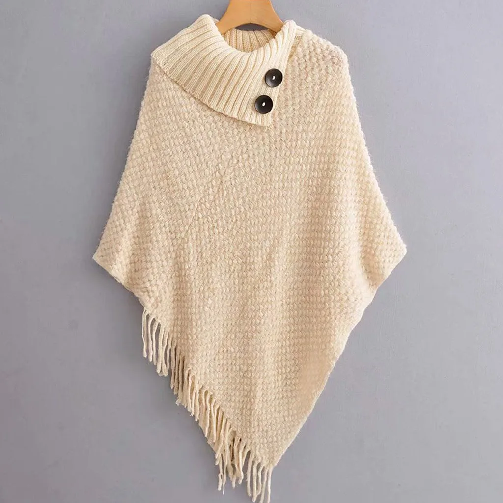 

Women Winter Pearl Print Tassel Batwing Shawl Sweater Cloak Cape Winte