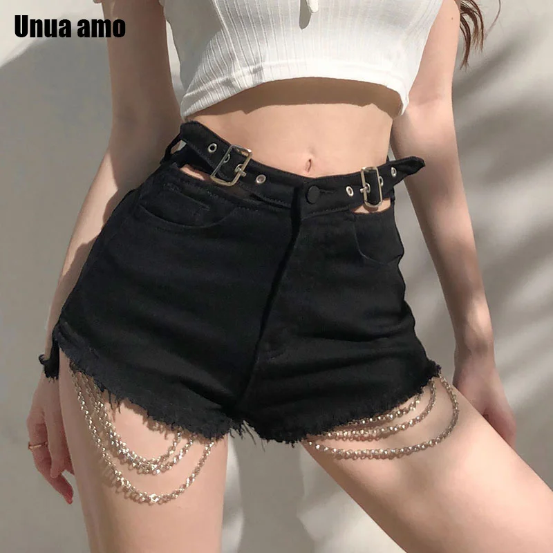 Unua amo Chain Denim Shorts Women Wide Leg Shorts Summer Sexy Hollow Out High Waist Jeans Short Pants Female 2022 New