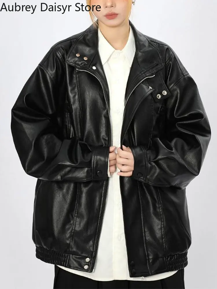 Streetwear Loose Black Leather Jacket Women Punk Fashion Trend Biker Zipper Leather Jacket High Street Vintage Chic Leather Coat