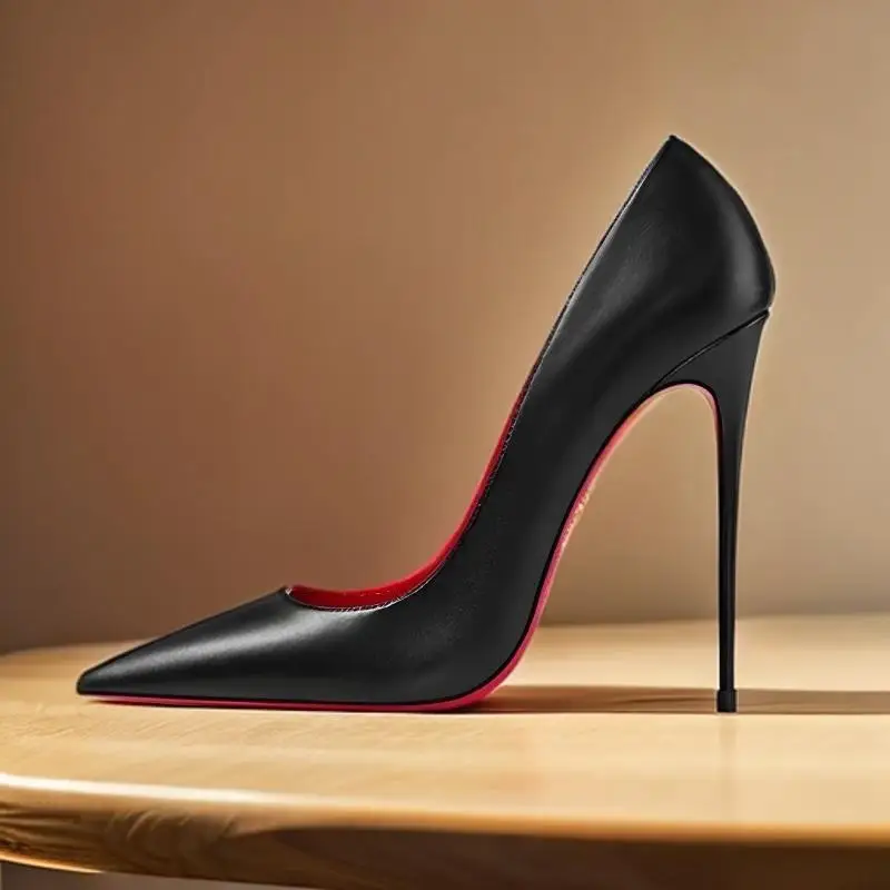 Легкая телесная черная матовая кожа с остроконечными туфлями на очень тонком