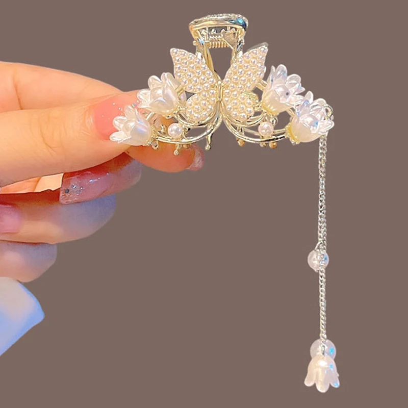 

Korean Pearl Butterfly Bell Orchid Tassel Grip For Girl Women Shining Hairpins Hair Comb Ponytail Clip