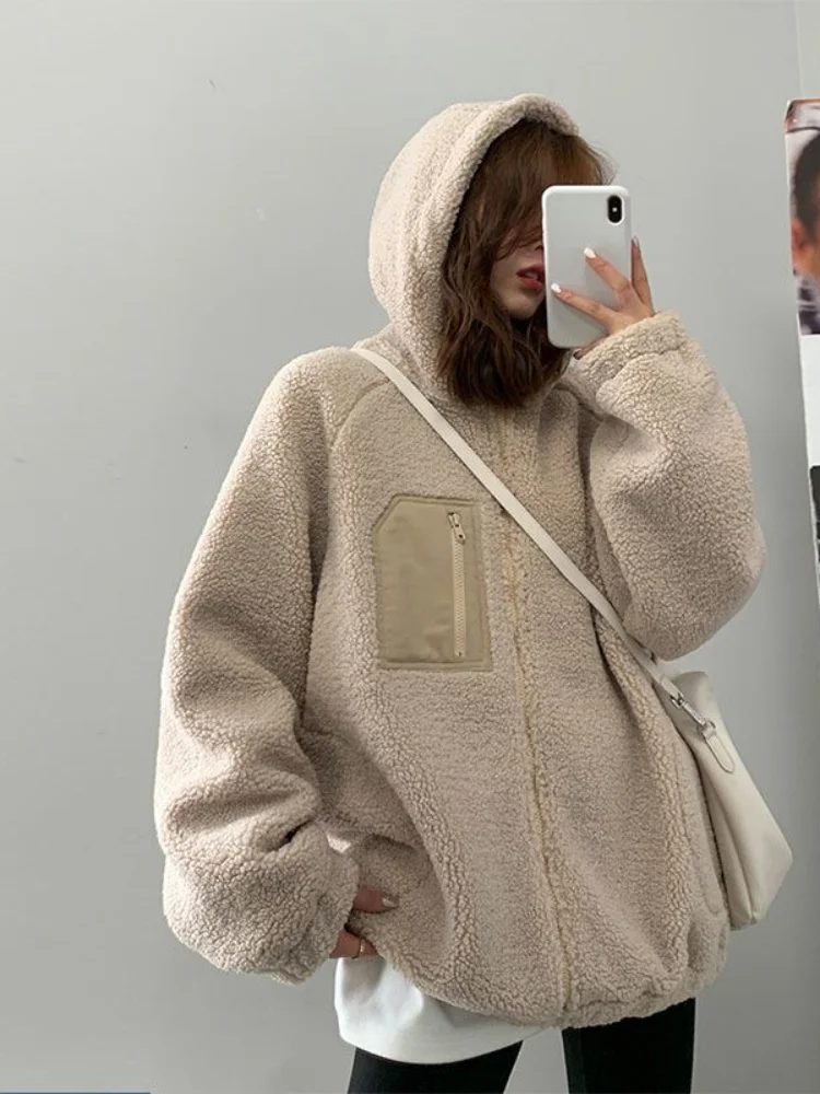 

Однотонные женские толстовки Harajuku из овечьей шерсти на молнии, винтажные корейские толстовки с капюшоном в стиле K-POP, повседневные свободные женские топы на молнии