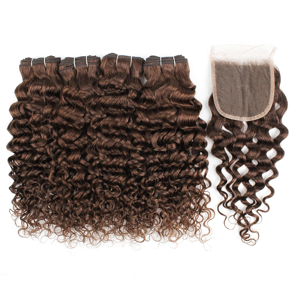 #2 #4 Water Wave 4 Bundles With 4*4 Closure Pre-colored Remy Brazilian Human Hair Extension 400g/Lot 4x4 Swiss Lace Closures