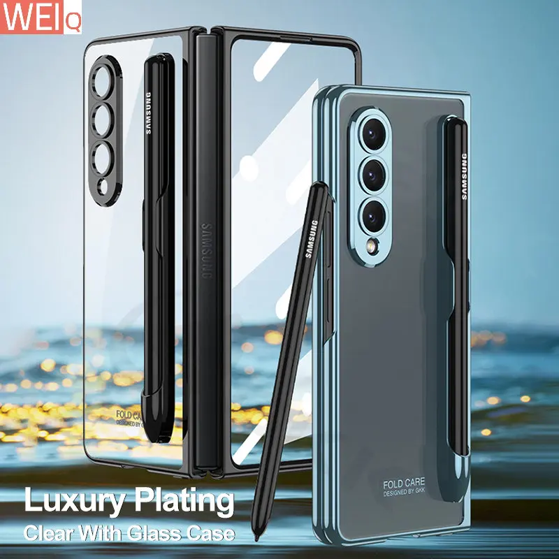 

For Samsung Galaxy Z Fold 4 5G Case Electroplated Clear Pen Slot Protection Hard Cover For Galaxy Z Fold4 With Glass Case ZFOLD4
