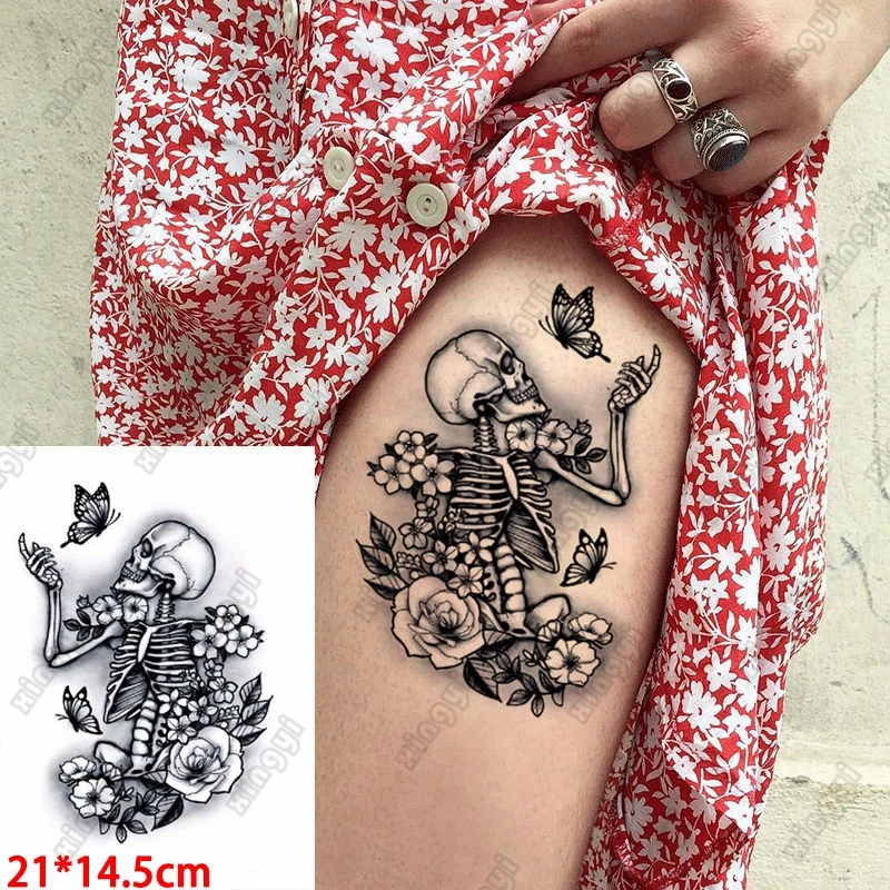 

Водостойкая наклейка для телефона, скелет, Череп, роза, цветок, флэш-тату для женщин, ворона, луна, Бабочка, боди-арт, искусственная татуировка на руку для мужчин
