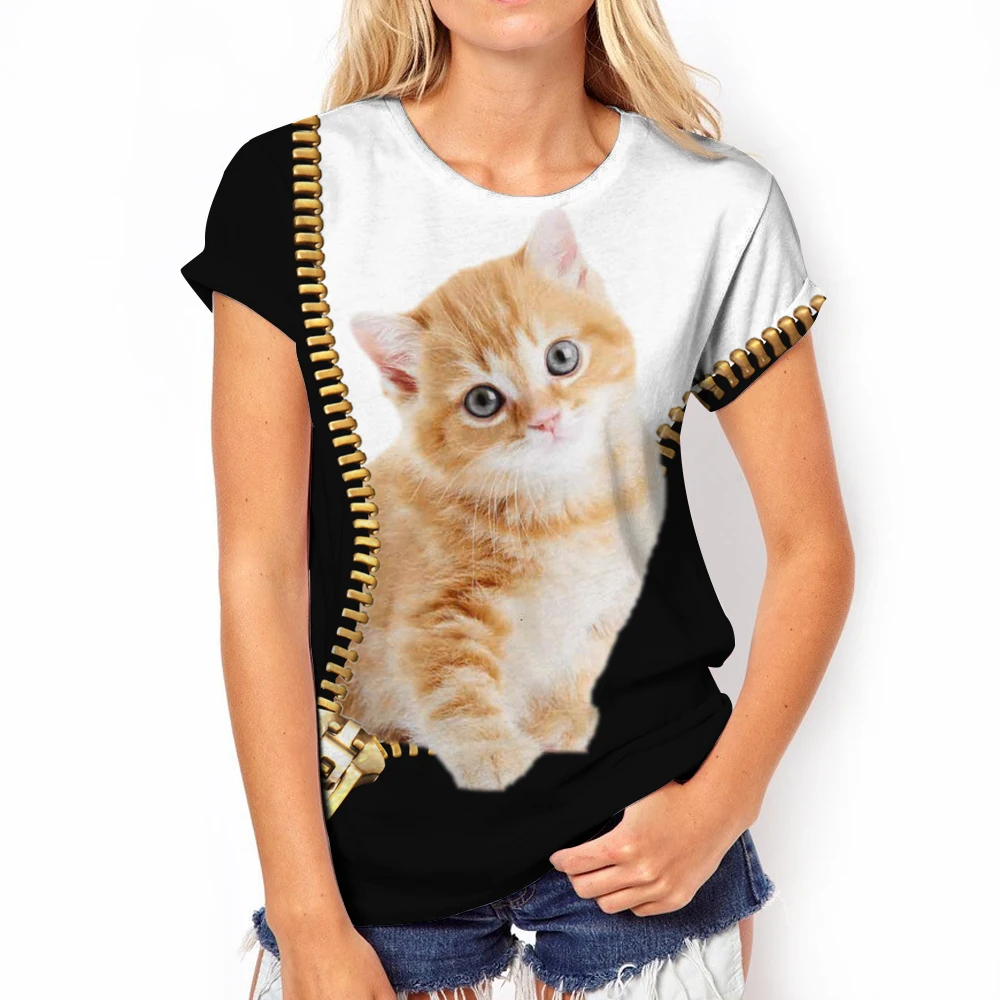 

Funny Cat Print Summer Women's T-Shirts Trendy Girl Kawaii Style Short Sleeve Tops Outdoor Street Trend Harajuku Oversized Tees