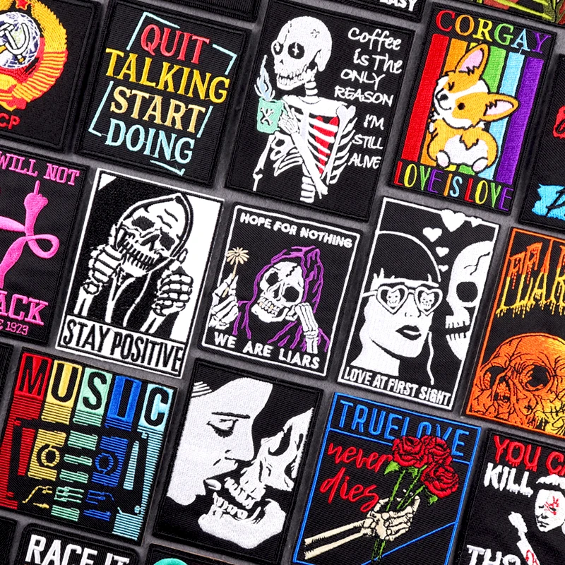

Hip Hop Punk Patch Skull Square Card Embroidery Patches For Clothing Fusible/Sewing Patch Iron On Patches On Clothes Stickers